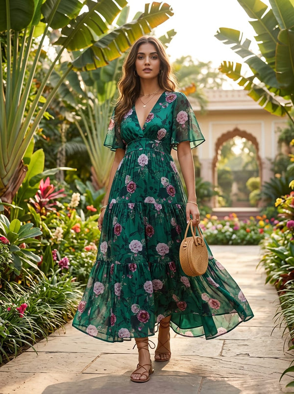 Teal Vintage Rose Garden Floral Chinon Digital Printed Fabric - Flowy Maxi Dress Lookbook - PLCH-0-PA7009-108 - alternate view