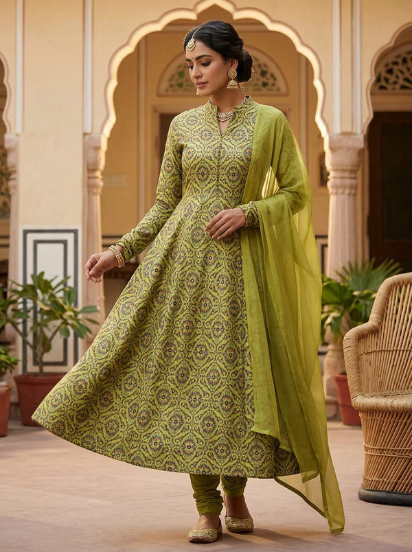 Yellow Ethnic Ikat Style Damask Chinon Digital Printed Fabric - Anarkali Kurta Set Lookbook - PLCH-0-PA7086-108 - alternate view