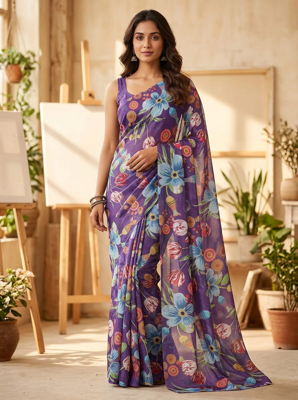 Purple Whimsical Abstract Floral Garden Chinon Digital Printed Fabric - Saree Lookbook - PLCH-0-PA7200-108 - alternate view