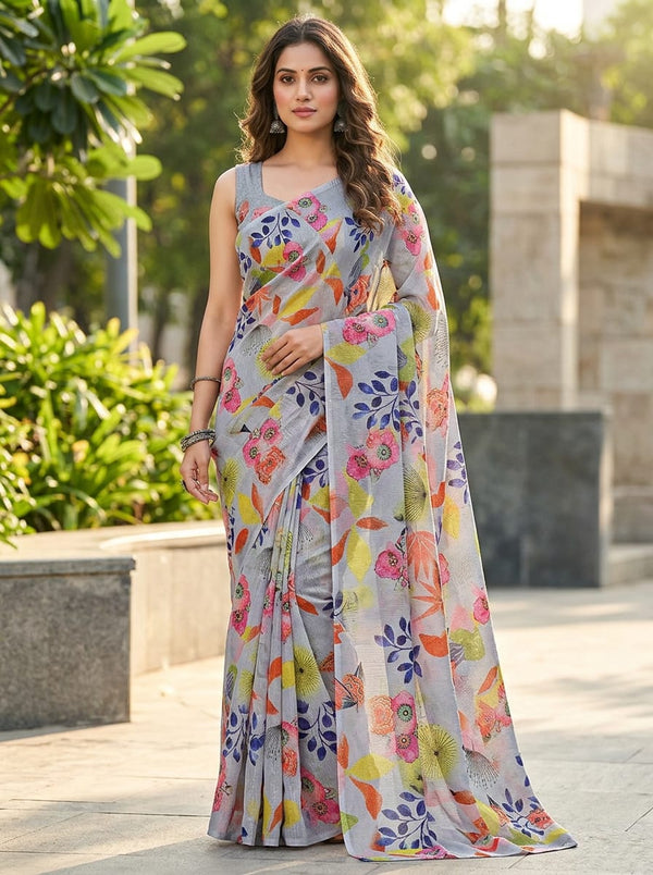 Multicolor Artistic Floral and Botanical Chinon Digital Printed Fabric - Saree Lookbook - PLCH-0-PA7202-108 - alternate view