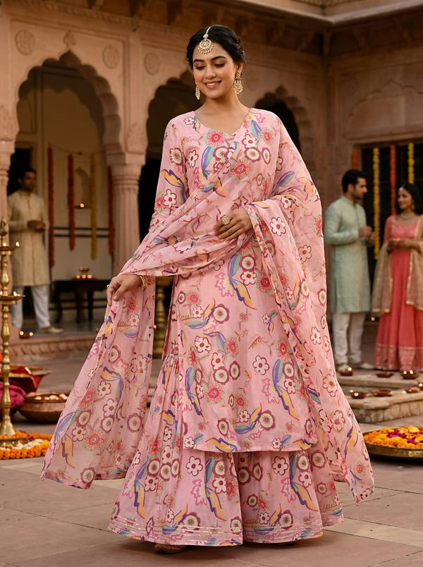 Pink Bohemian Folk Floral and Butterfly Chinon Digital Printed Fabric - Sharara Set Lookbook - PLCH-0-PA7205-108 - alternate view