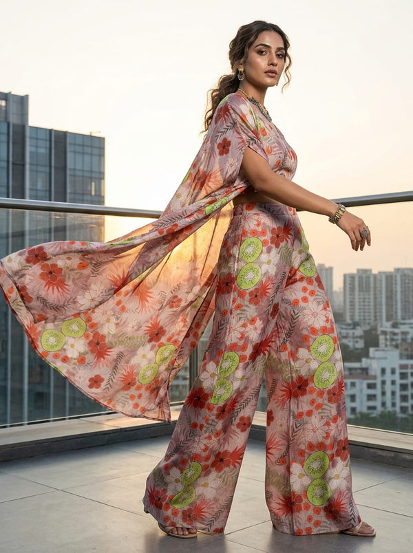 Multicolor Floral and Kiwi Fruit Print Chinon Digital Printed Fabric - Cape with Palazzo Lookbook - PLCH-0-PA7206-108 - alternate view