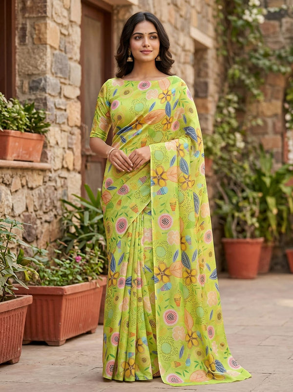 Green Abstract Doodled Floral Chinon Digital Printed Fabric - Saree Lookbook - PLCH-0-PA7208-108 - alternate view