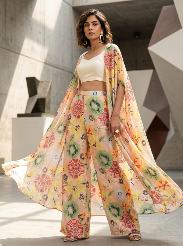 Multicolor Tropical Kiwi Fruit and Abstract Floral Chinon Digital Printed Fabric - Cape with Palazzo Lookbook - PLCH-0-PA7209-108 - alternate view
