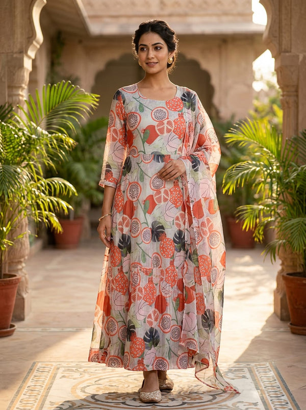 Multicolor Tropical Fruit and Leaf Print Chinon Digital Printed Fabric - Anarkali Kurta Set Lookbook - PLCH-0-PA7211-108 - alternate view
