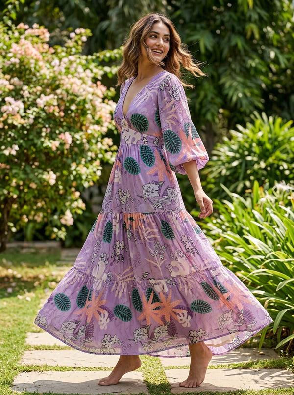 Purple Contemporary Botanical Chinon Digital Printed Fabric - Flowy Maxi Dress Lookbook - PLCH-0-PA7215-108 - alternate view