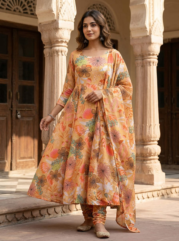 Peach Warm Tone Botanical Floral Chinon Digital Printed Fabric - Anarkali Kurta Set Lookbook - PLCH-0-PA7217-108 - alternate view