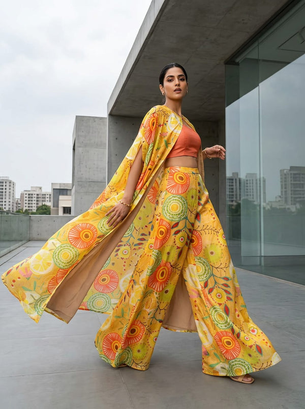 Yellow Abstract Citrus Floral Chinon Digital Printed Fabric - Cape with Palazzo Lookbook - PLCH-0-PA7218-108 - alternate view