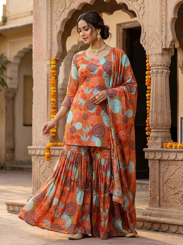 Orange Bohemian Floral and Fruit Pattern Chinon Digital Printed Fabric - Sharara Set Lookbook - PLCH-0-PA7219-108 - alternate view