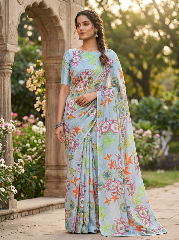 Multicolor Stylized Garden Floral Chinon Digital Printed Fabric - Saree Lookbook - PLCH-0-PA7221-108 - alternate view