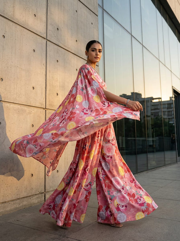 Pink Floral and Citrus Fruit Print Chinon Digital Printed Fabric - Cape with Palazzo Lookbook - PLCH-0-PA7225-108 - alternate view
