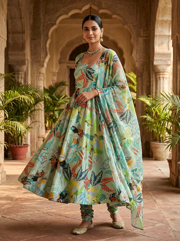 Multicolor Abstract Tropical Botanical Print Chinon Digital Printed Fabric - Anarkali Kurta Set Lookbook - PLCH-0-PA7234-108 - alternate view