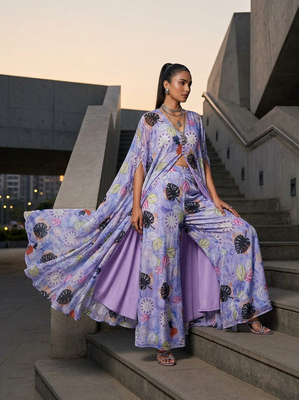 Multicolor Tropical Botanical Leaf Chinon Digital Printed Fabric - Cape with Palazzo Lookbook - PLCH-0-PA7240-108 - alternate view