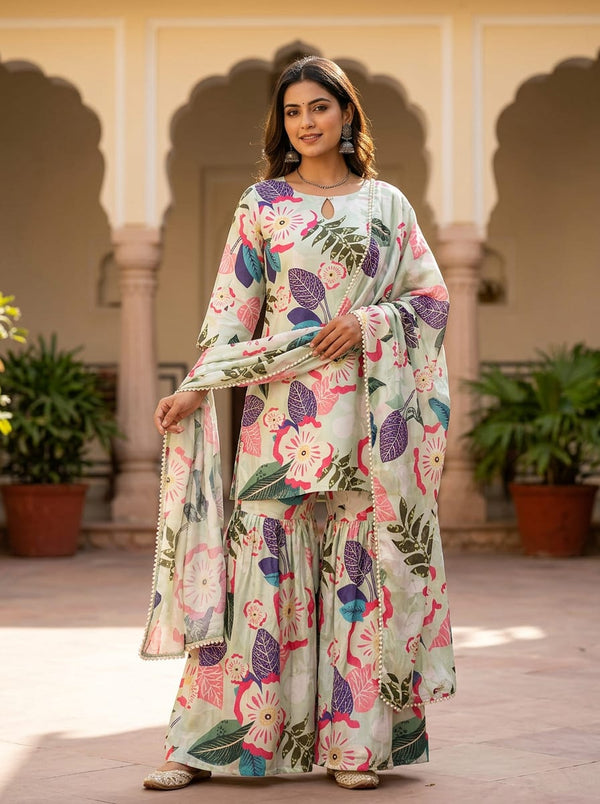 Multicolor Tropical Floral and Leaf Print Chinon Digital Printed Fabric - Sharara Set Lookbook - PLCH-0-PA7241-108 - alternate view