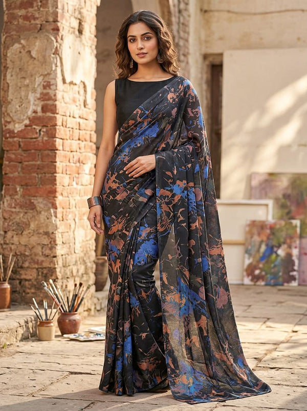Multicolor Abstract Paint Splatter Chinon Digital Printed Fabric - Saree Lookbook - PLCH-0-TA05210-108 - alternate view