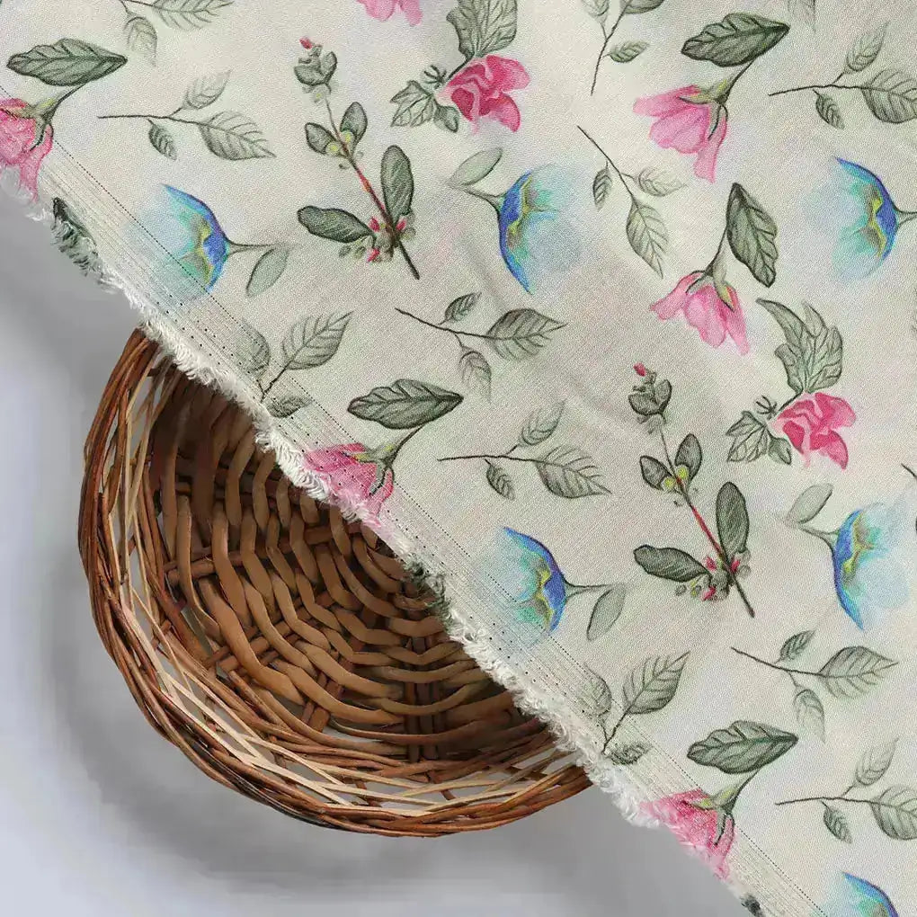 Flower With Olive Leaf Digital Printed Fabric - Pure Muslin – pm 0 ma0109 110 d