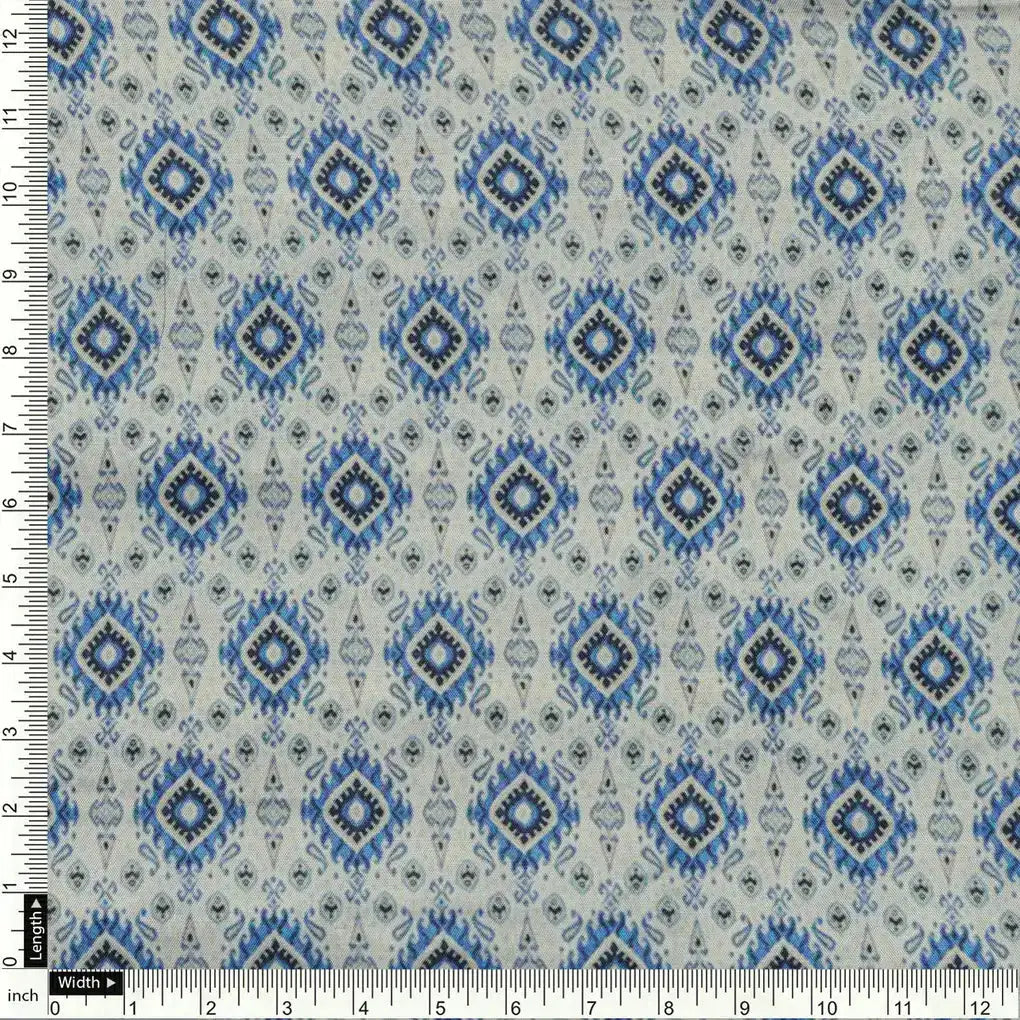 Tiny Blue Medallion Motif Digital Printed Fabric  - Pure Muslin – pm 0 ma012738 110 a