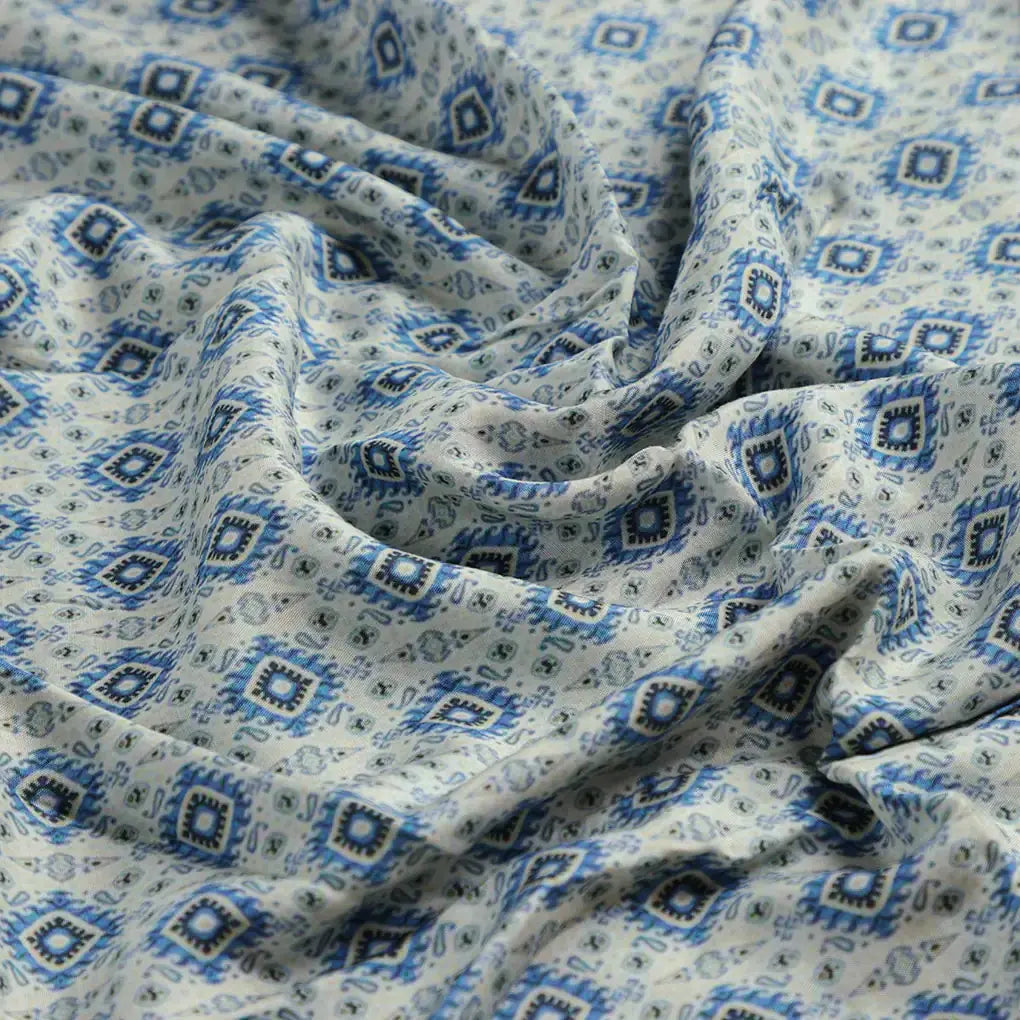 Tiny Blue Medallion Motif Digital Printed Fabric  - Pure Muslin – pm 0 ma012738 110 c