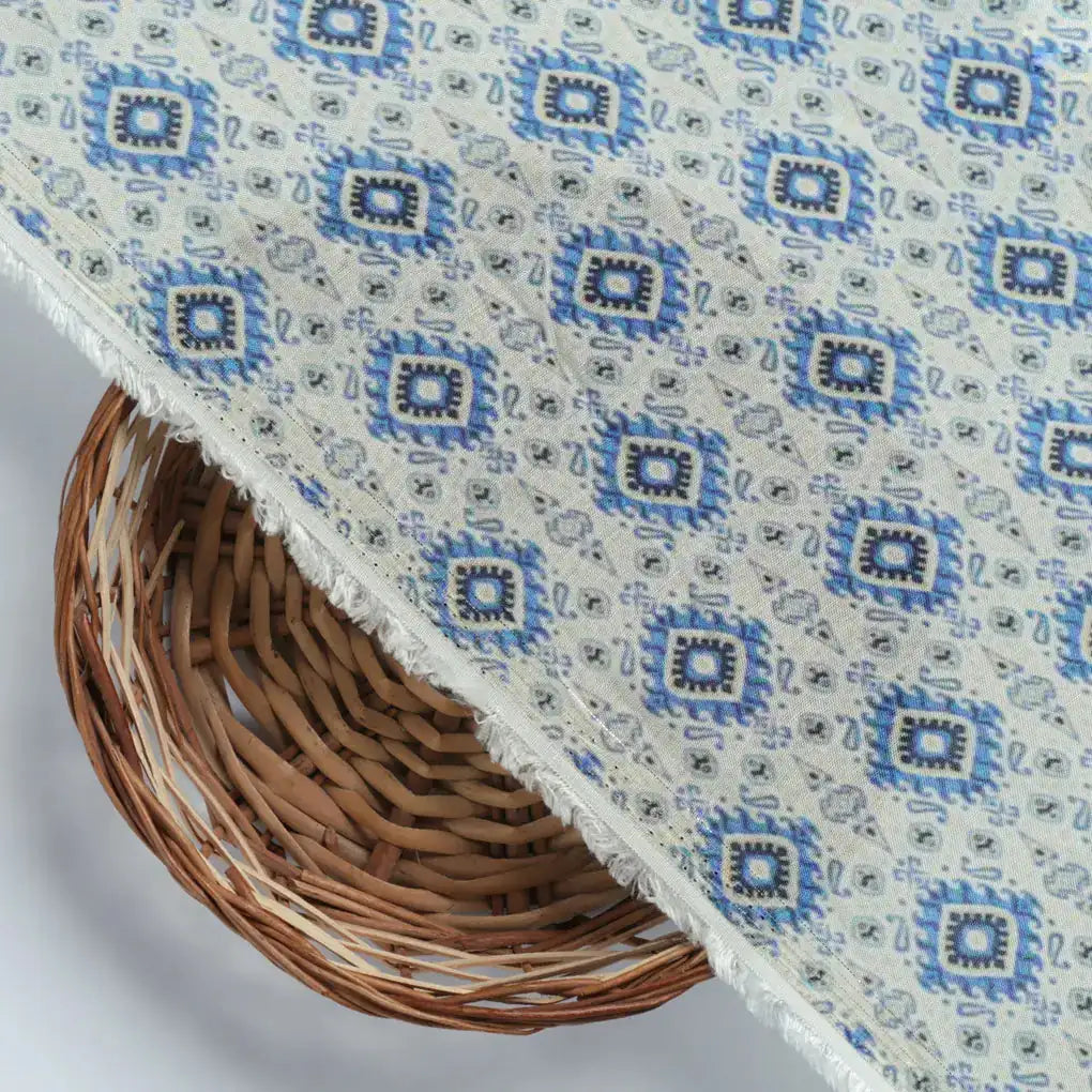 Tiny Blue Medallion Motif Digital Printed Fabric  - Pure Muslin – pm 0 ma012738 110 d