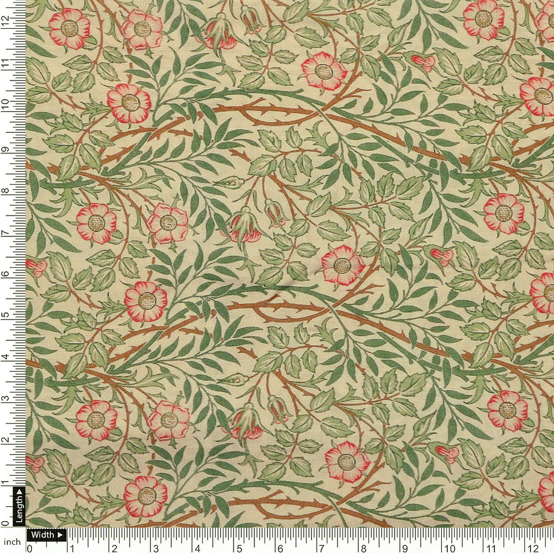 Western Flowers Small Leaves Digital Printed Fabric - Pure Muslin