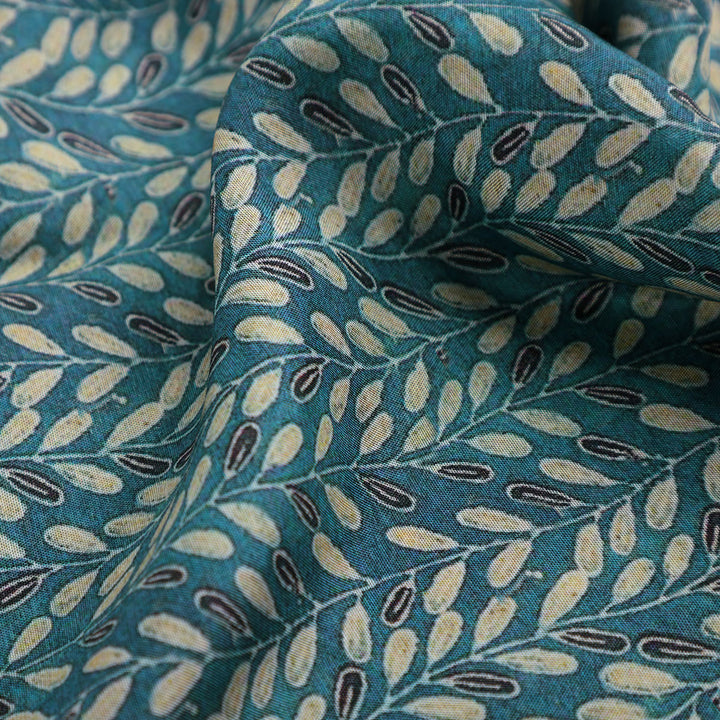 Beautiful Valley Of Leaves With Blue Digital Printed Fabric - Pure Muslin