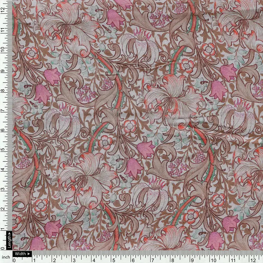 Festive Curve Design Pink Doted Flower Digital Printed Fabric - Pure Muslin – pm 0 ta 06000 110 a