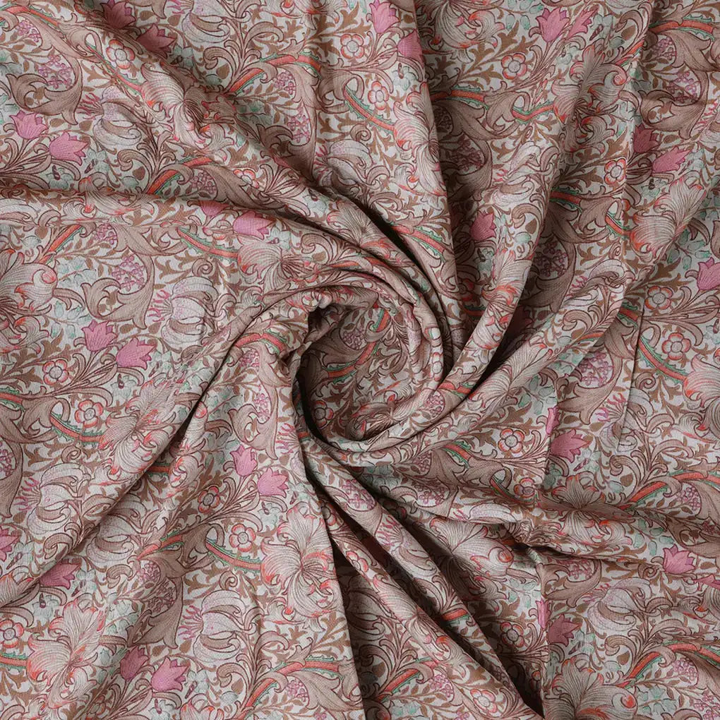 Festive Curve Design Pink Doted Flower Digital Printed Fabric - Pure Muslin – pm 0 ta 06000 110 b