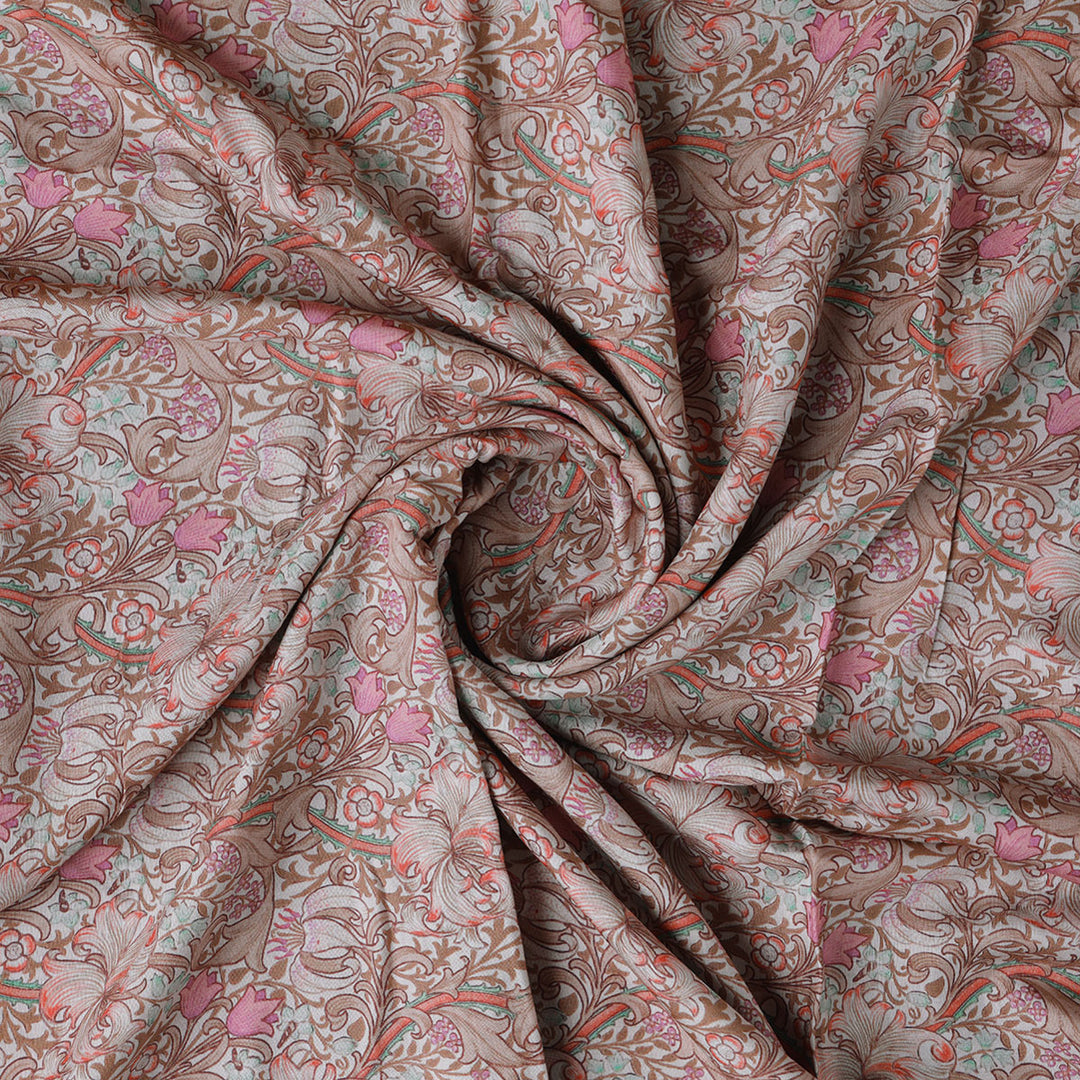 Festive Curve Design Pink Doted Flower Digital Printed Fabric - Pure Muslin