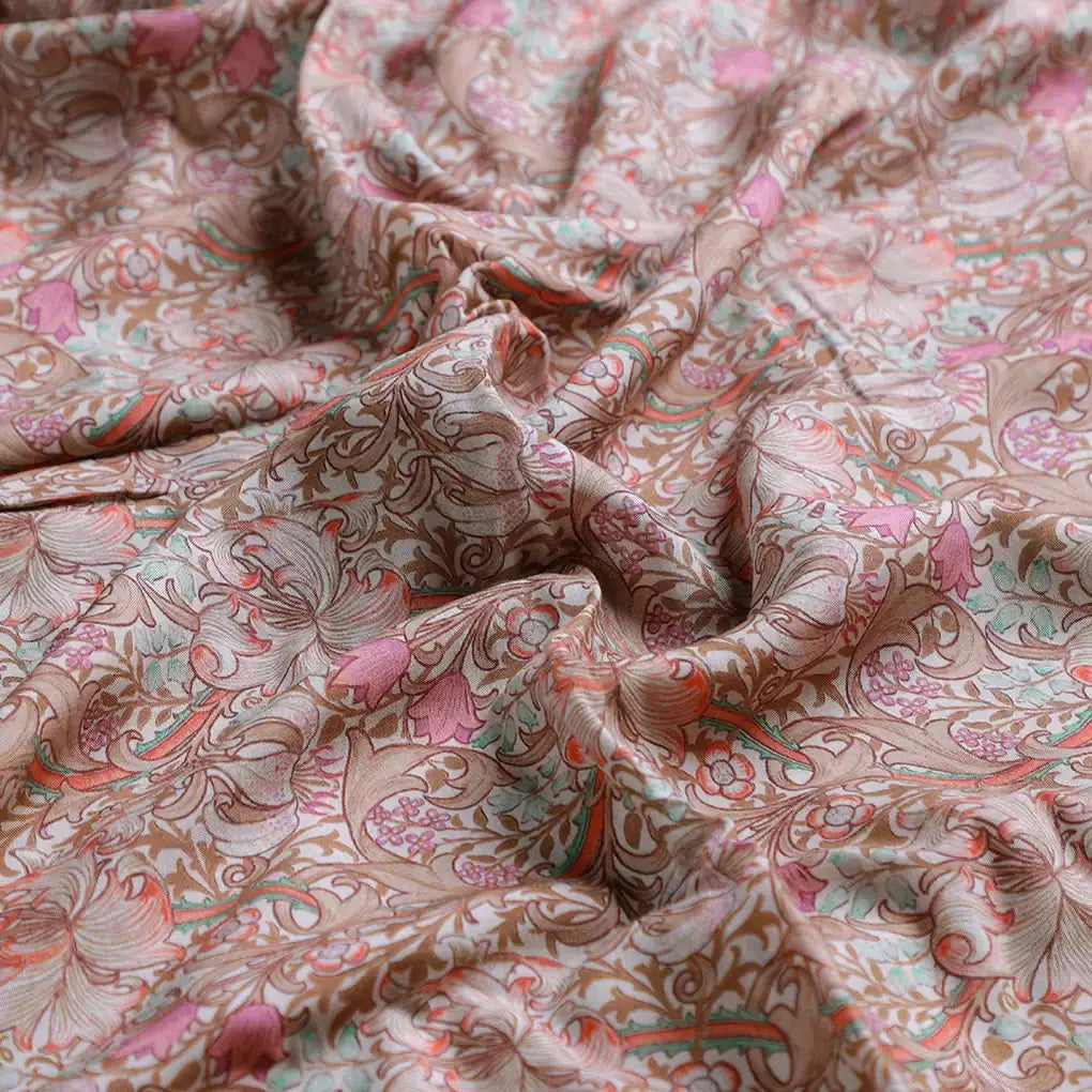 Festive Curve Design Pink Doted Flower Digital Printed Fabric - Pure Muslin – pm 0 ta 06000 110 c