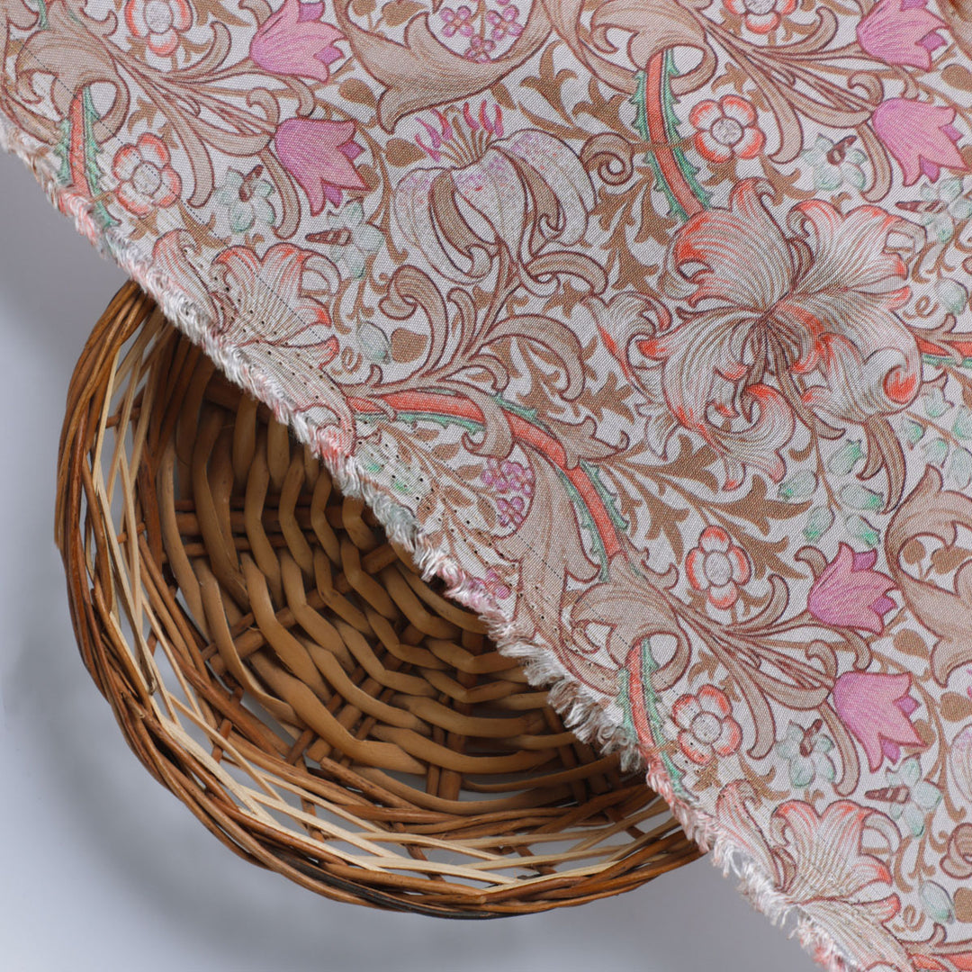Festive Curve Design Pink Doted Flower Digital Printed Fabric - Pure Muslin