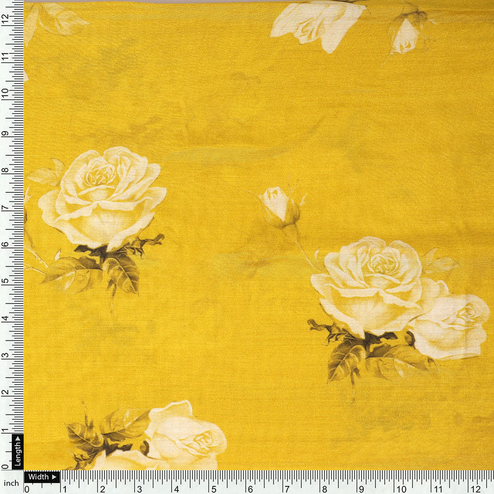 Lemon Yellow Flower Allover Digital Printed Fabric - Pure Muslin