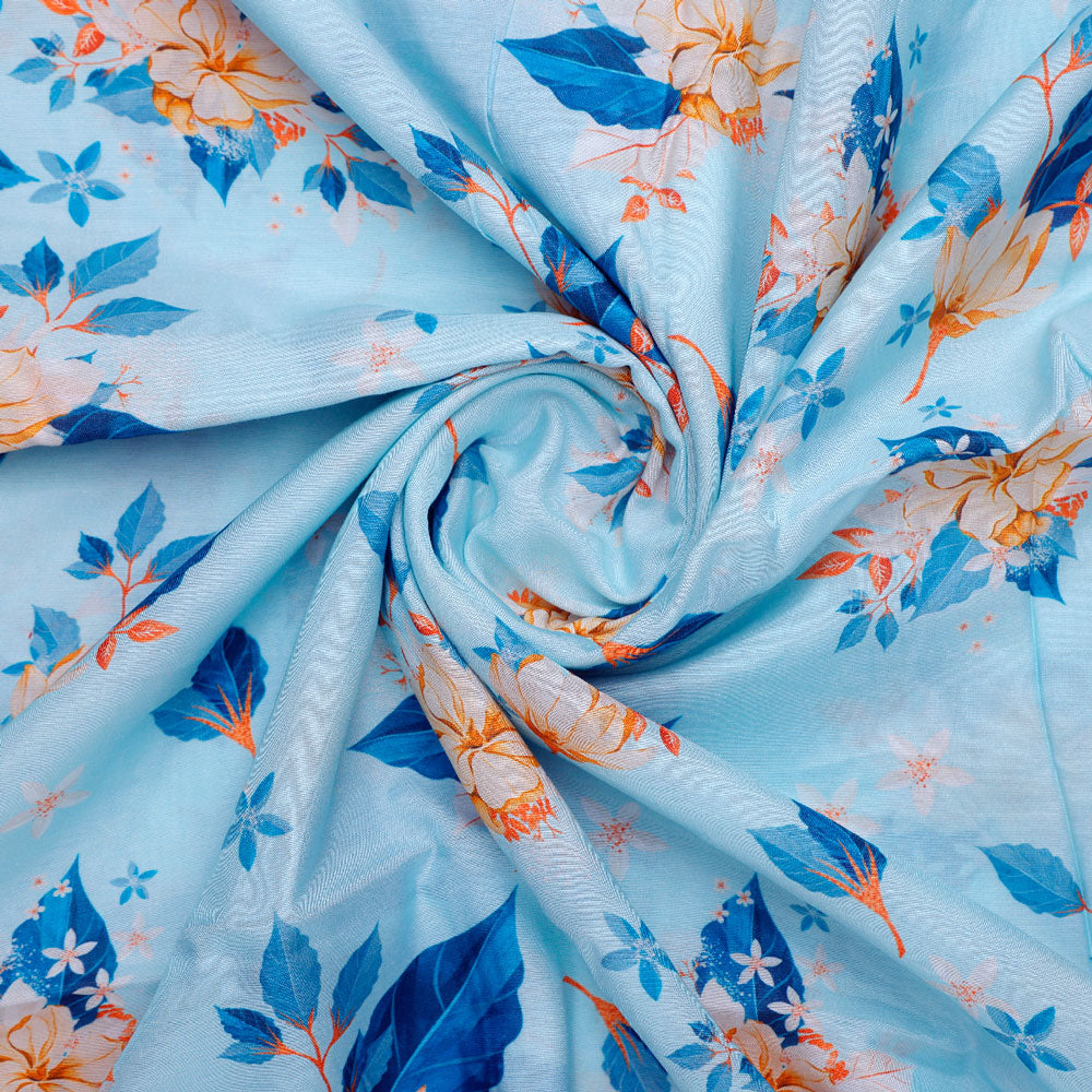 Flower On Ocean Blue Digital Printed Fabric - Pure Muslin