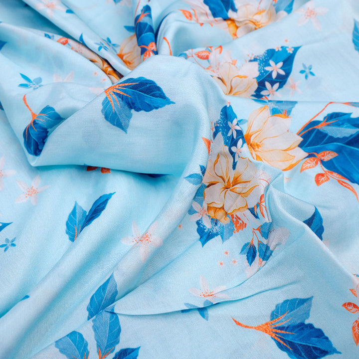 Flower On Ocean Blue Digital Printed Fabric - Pure Muslin