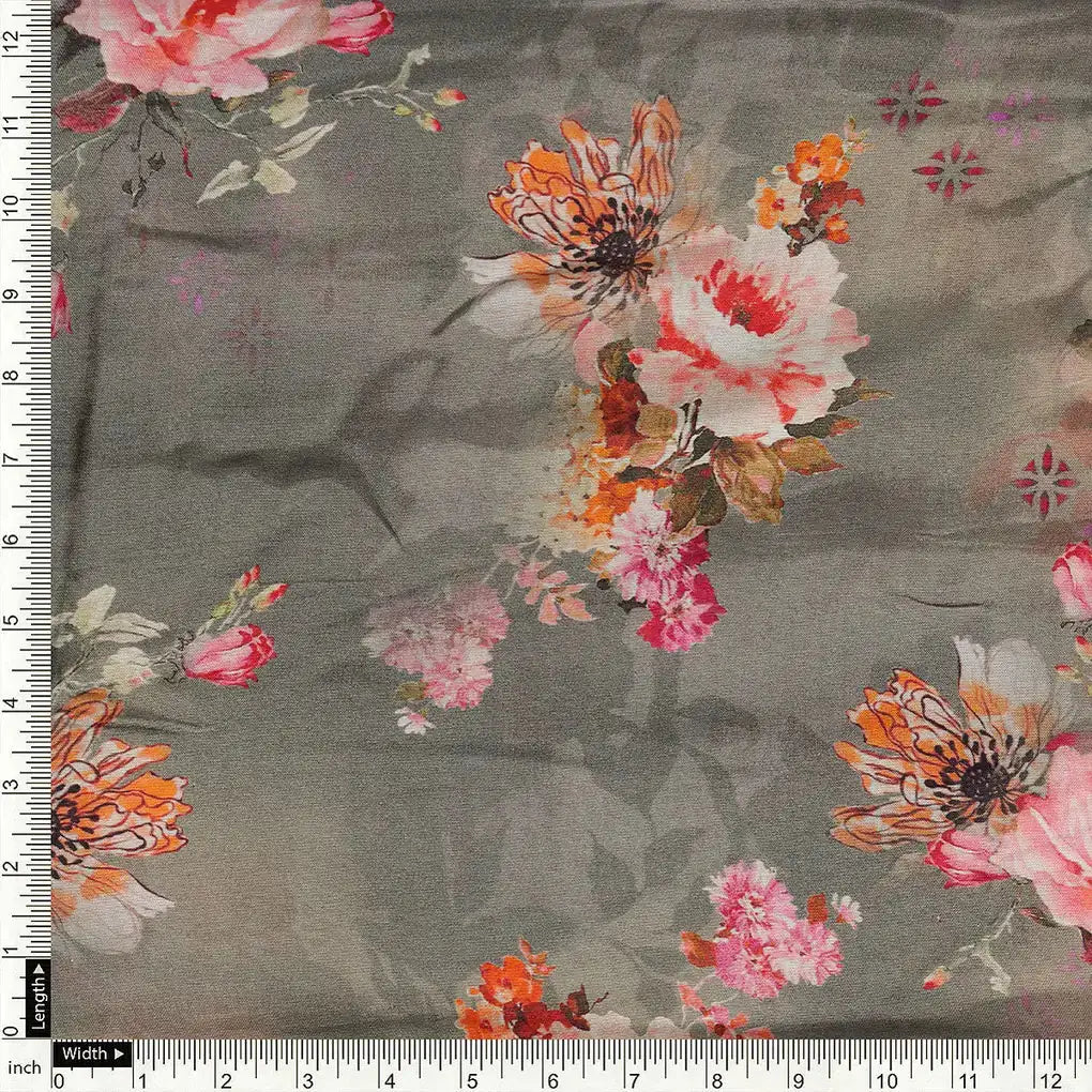 Painted Flower Bunch On Grey Palate Digital Printed Fabric  - Pure Muslin – pm 0 ta07309p3 110 a