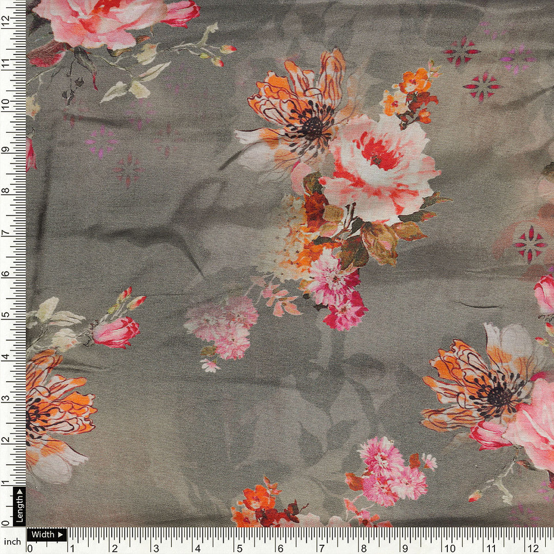 Painted Flower Bunch On Grey Palate Digital Printed Fabric  - Pure Muslin