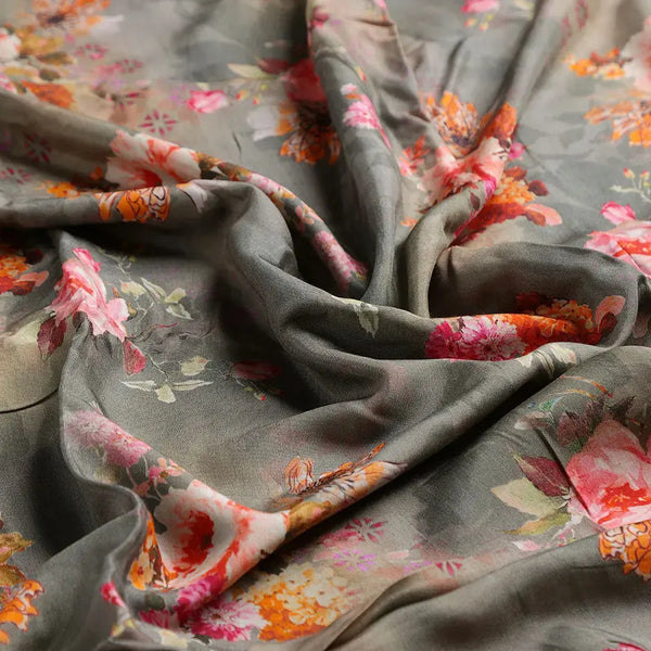 Painted Flower Bunch On Grey Palate Digital Printed Fabric  - Pure Muslin – pm 0 ta07309p3 110 b