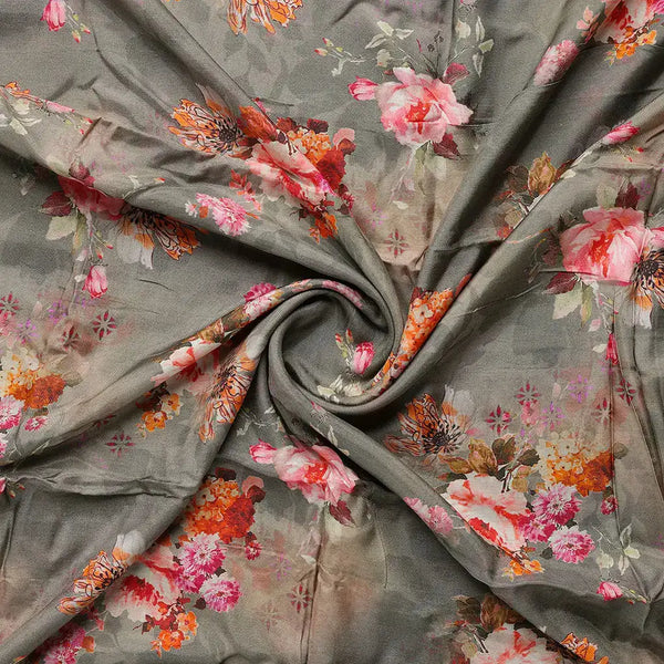 Painted Flower Bunch On Grey Palate Digital Printed Fabric  - Pure Muslin – pm 0 ta07309p3 110 c - alternate view