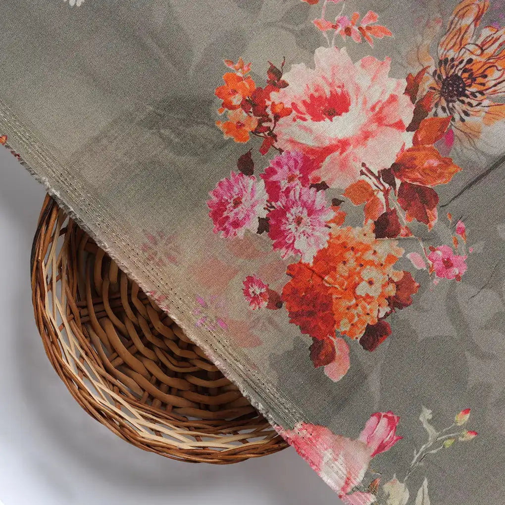 Painted Flower Bunch On Grey Palate Digital Printed Fabric  - Pure Muslin – pm 0 ta07309p3 110 d