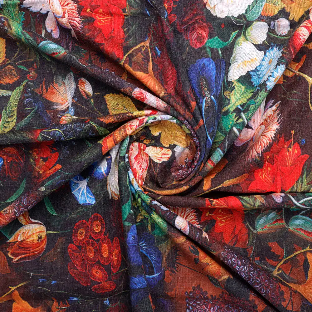 Gorgeous digital printed cotton fabric with damask pattern in black and multicolor – poco 0 ta0025 108 a