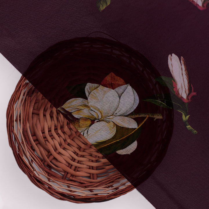 Floral Digital Printed Georgette Fabric in Brown