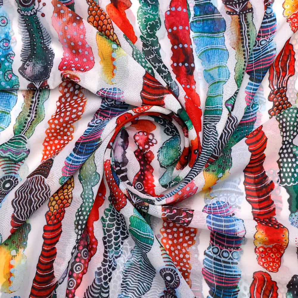 Classy Cream and Multicolor Georgette Digital Printed Fabric with Strips and Waving Design – pog 0 ta01038 110 a