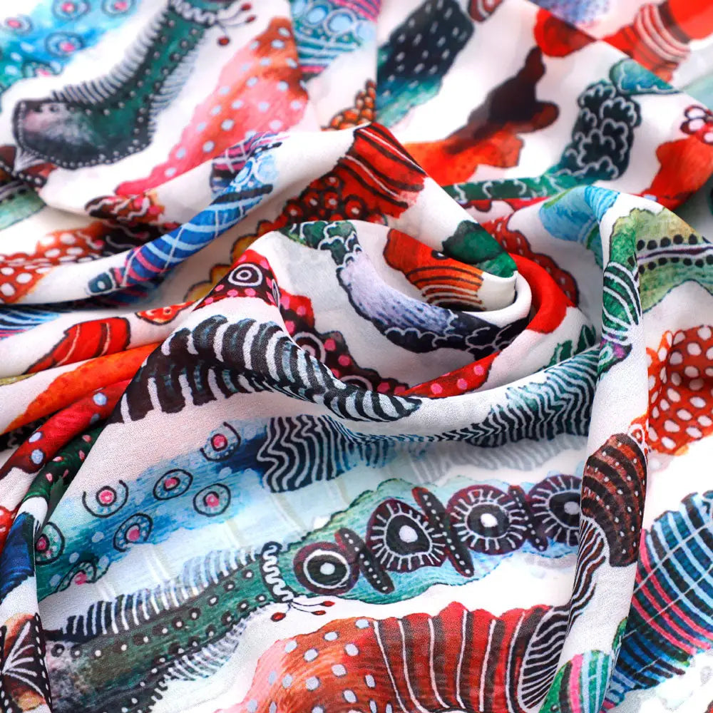 Classy Cream and Multicolor Georgette Digital Printed Fabric with Strips and Waving Design – pog 0 ta01038 110 c