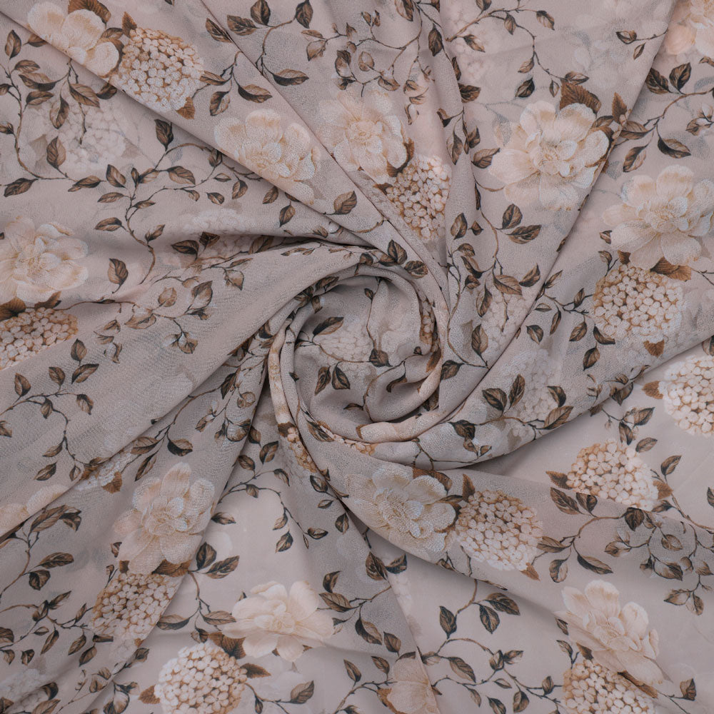 Gorgeous floral and leaves digital printed fabric in brown Georgette
