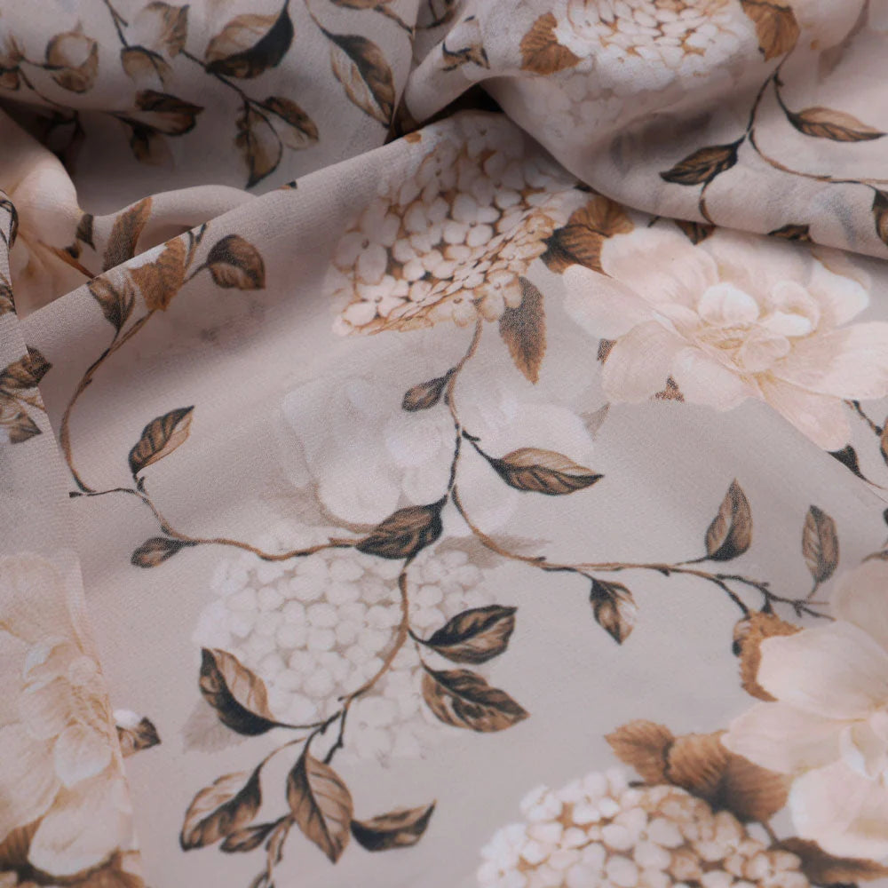 Gorgeous floral and leaves digital printed fabric in brown Georgette – pog 0 ta05726 110 c