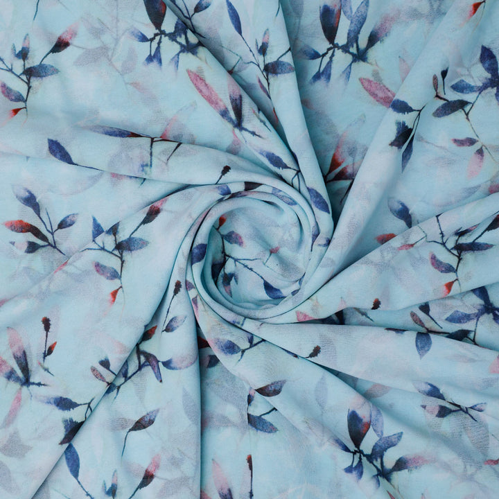 Georgette Digital Printed Fabric with Leaves Design in Blue