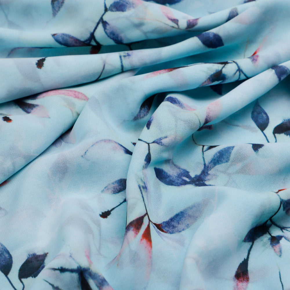 Georgette Digital Printed Fabric with Leaves Design in Blue – pog 0 ta05861p2 110 c