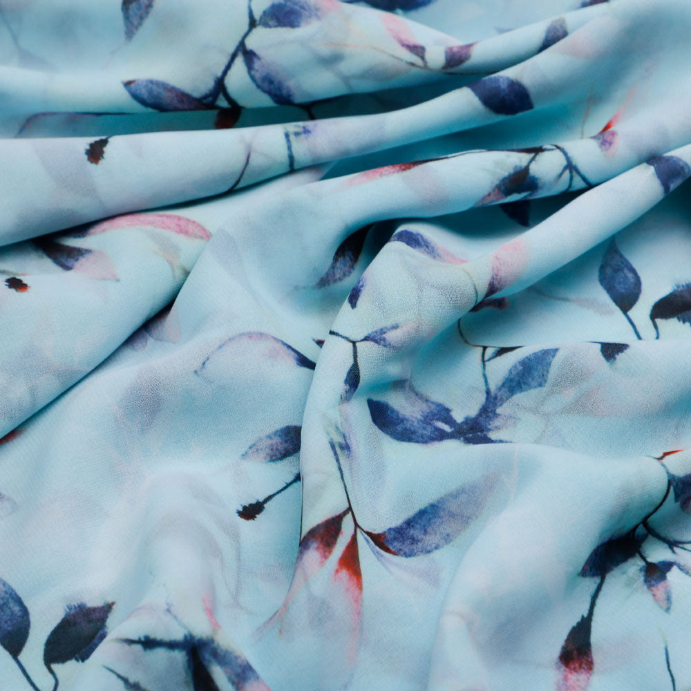 Georgette Digital Printed Fabric with Leaves Design in Blue