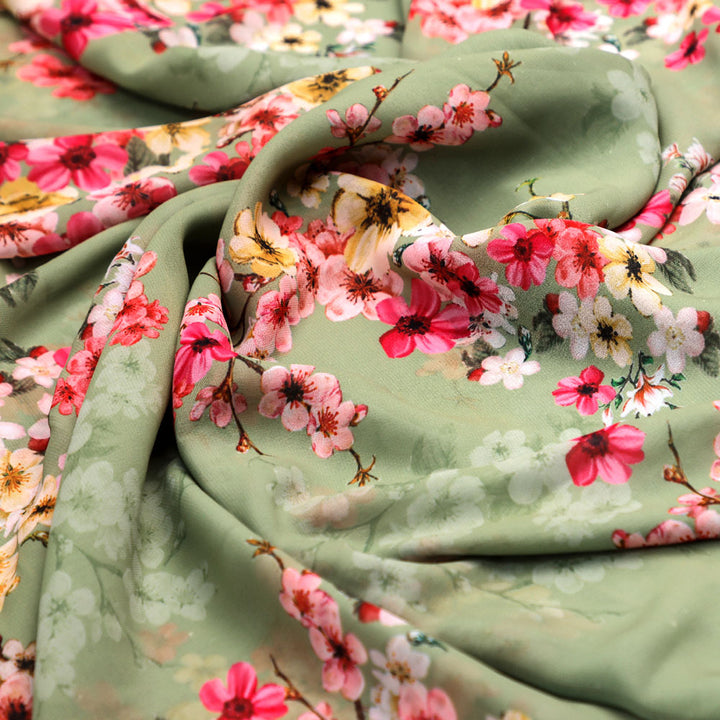 Gorgeous green digital printed Georgette fabric with floral design by FAB VOGUE Studio