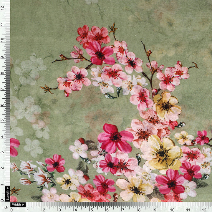 Gorgeous green digital printed Georgette fabric with floral design by FAB VOGUE Studio
