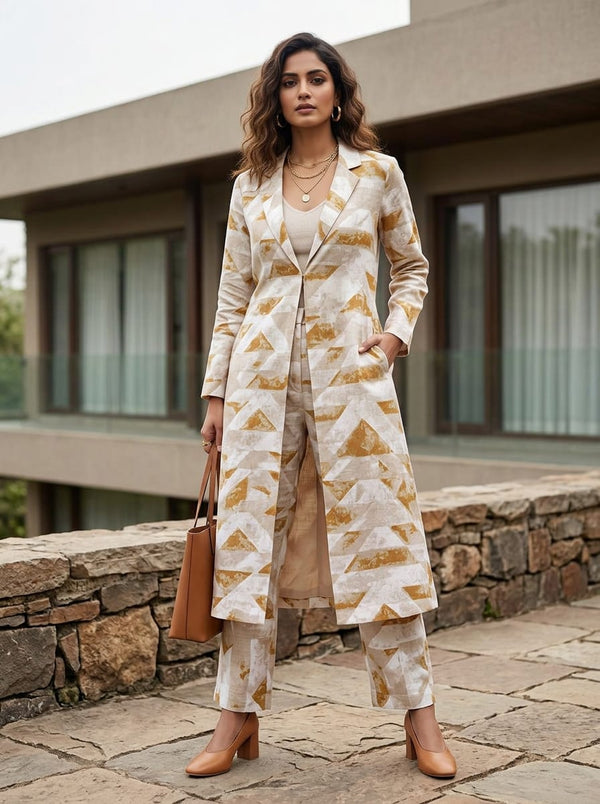 Cream Geometric Brushstroke Linen Digital Printed Fabric - Jacket Kurta with Straight Pants Lookbook - POLI-0-PA10509-110 - alternate view
